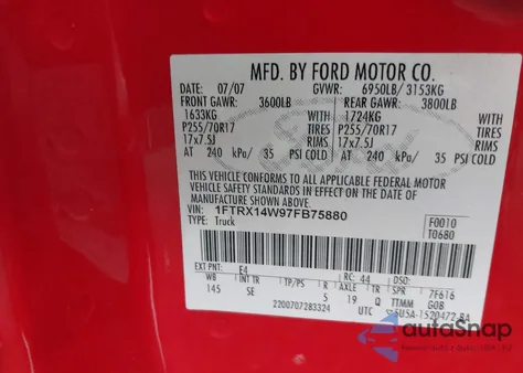2007 Ford F-150 Fx4/Stx/Xl/Xlt from USA, damaged, VIN 1FTRX14W97FB75880